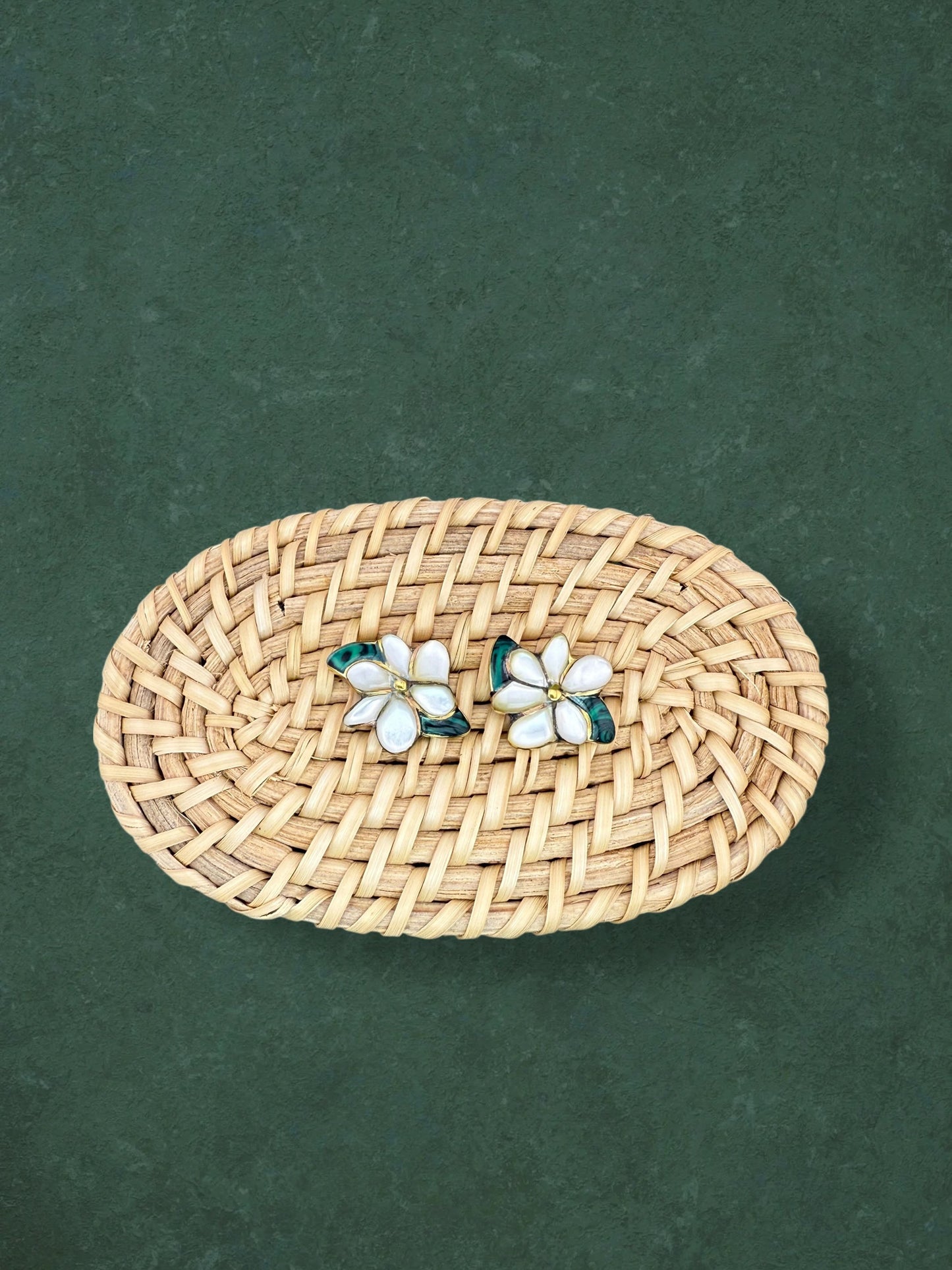 Sampaguita Mother of Pearl and Malachite Studs