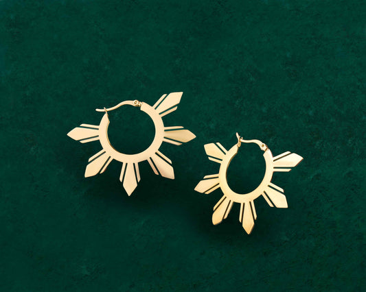 Araw statement hoop earrings with Philippine sun charms in 18K gold plated stainless steel, bold Filipino jewelry