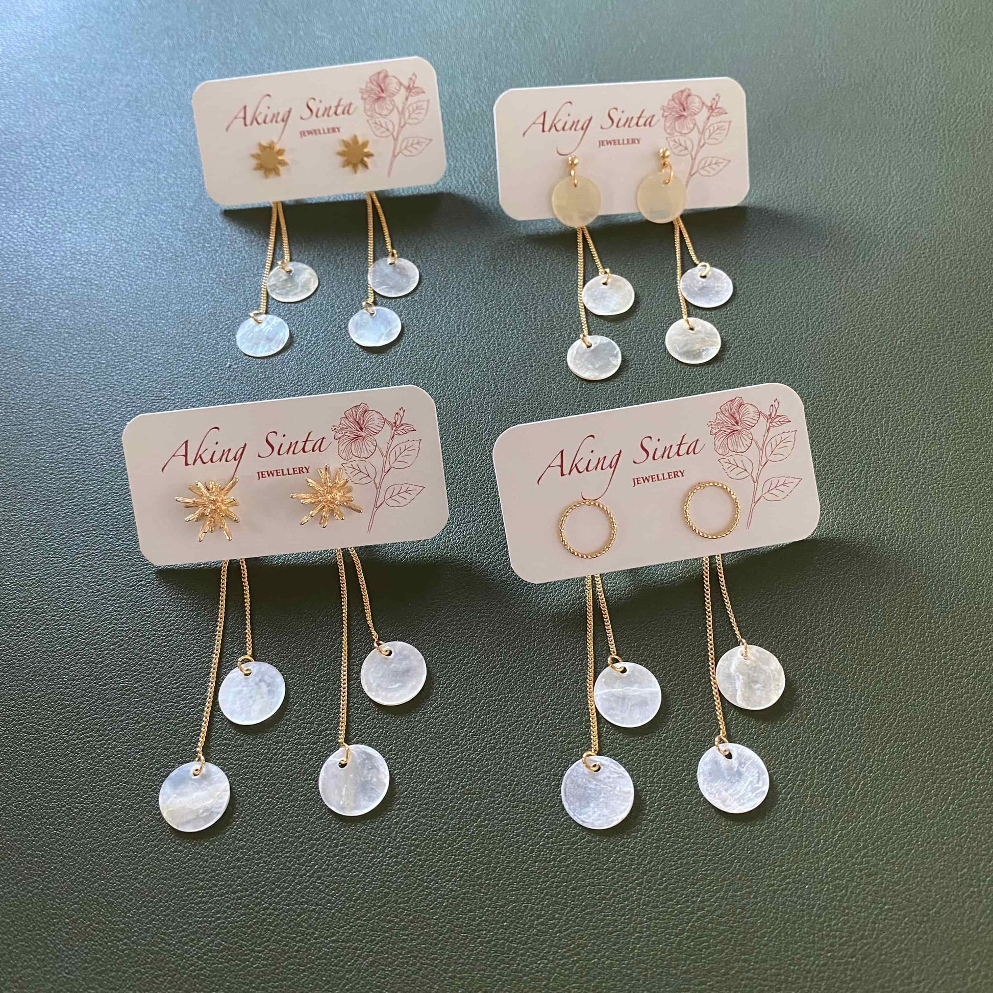 2-in-1 stud earrings with double drop dainty capiz shell backs in 18K gold plated stainless steel, versatile Filipino jewelry