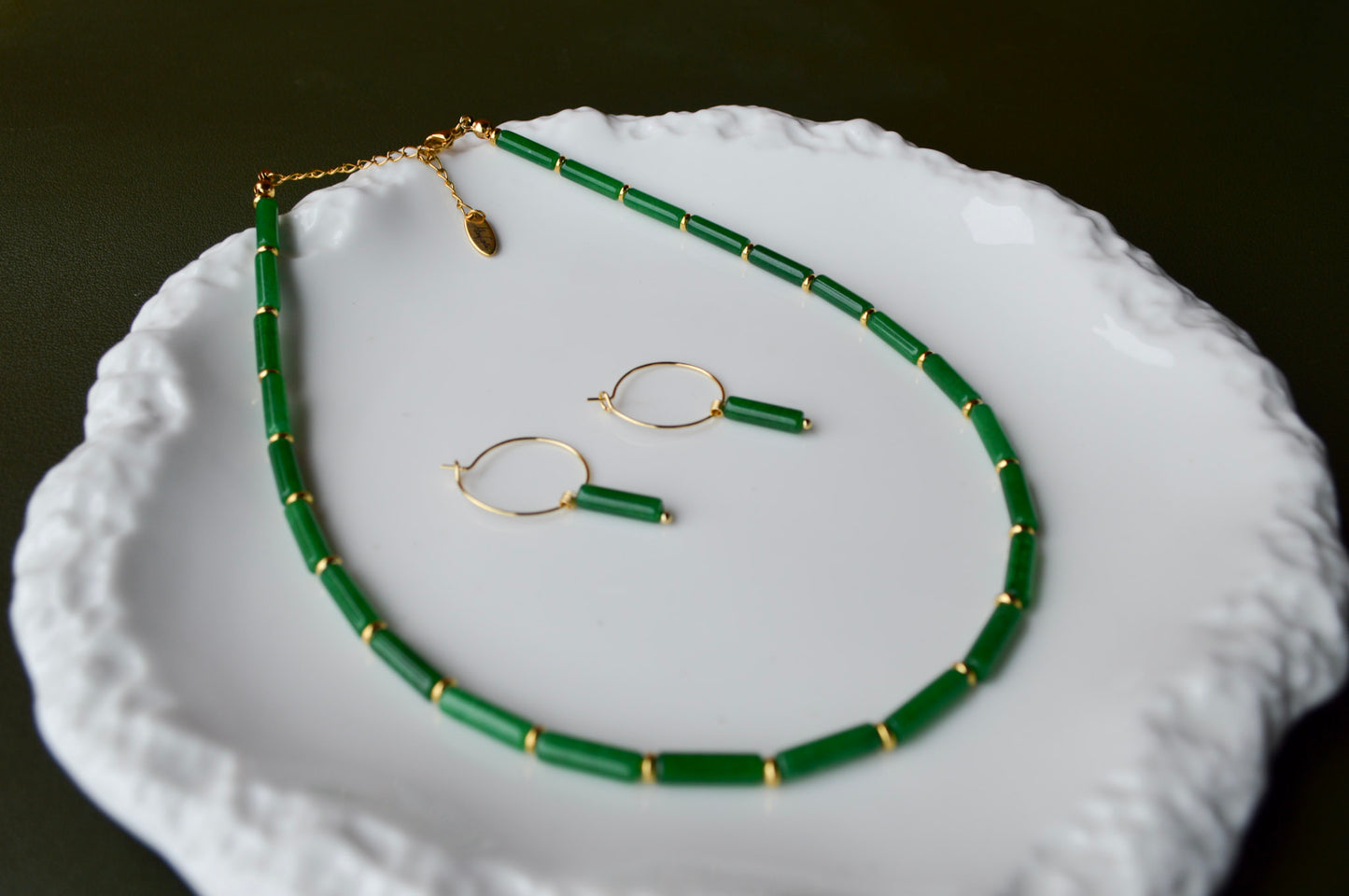 Green Jade Minimalist Column Hoop Earrings