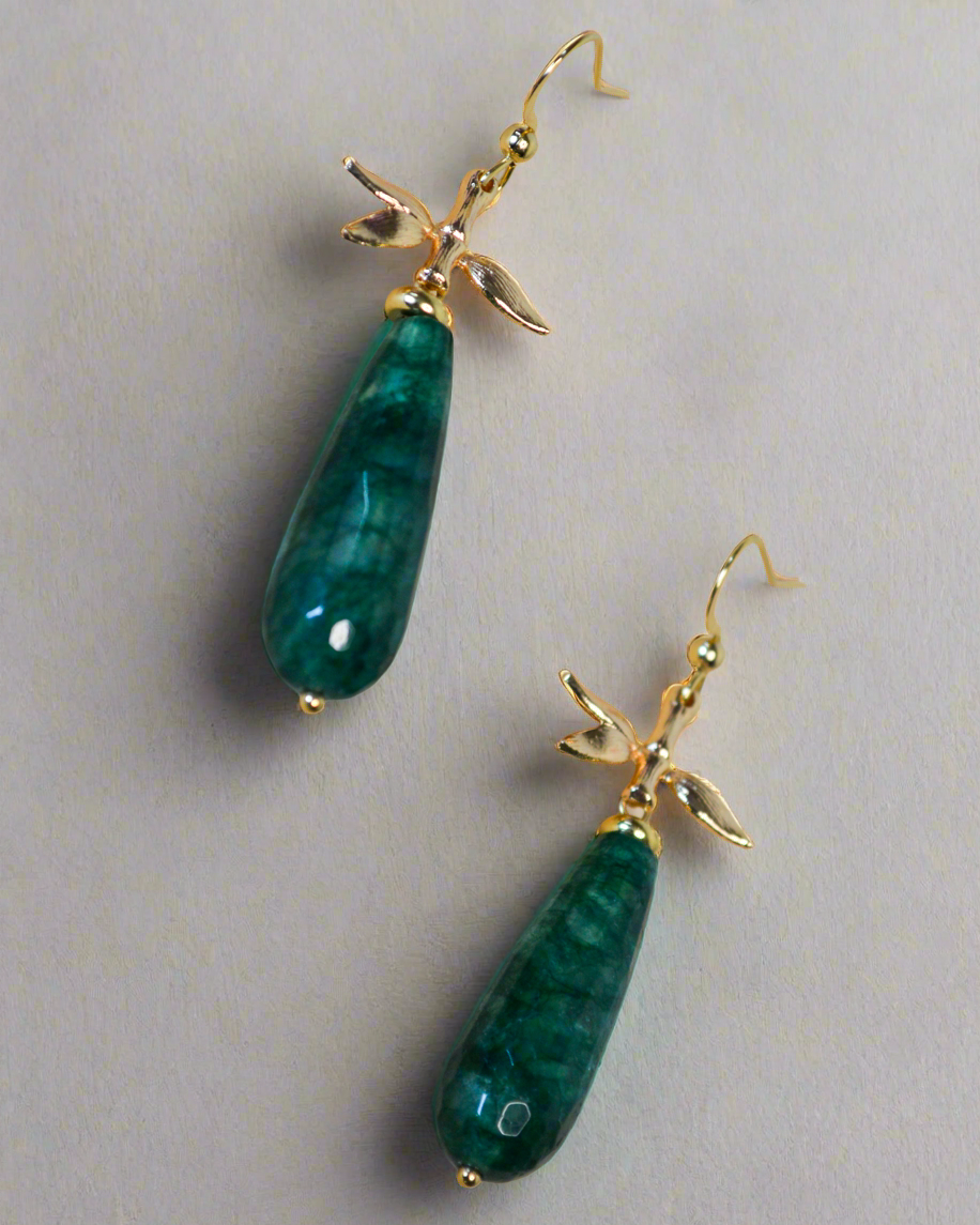Teardrop Jade Earrings with Bamboo Leaves Charms