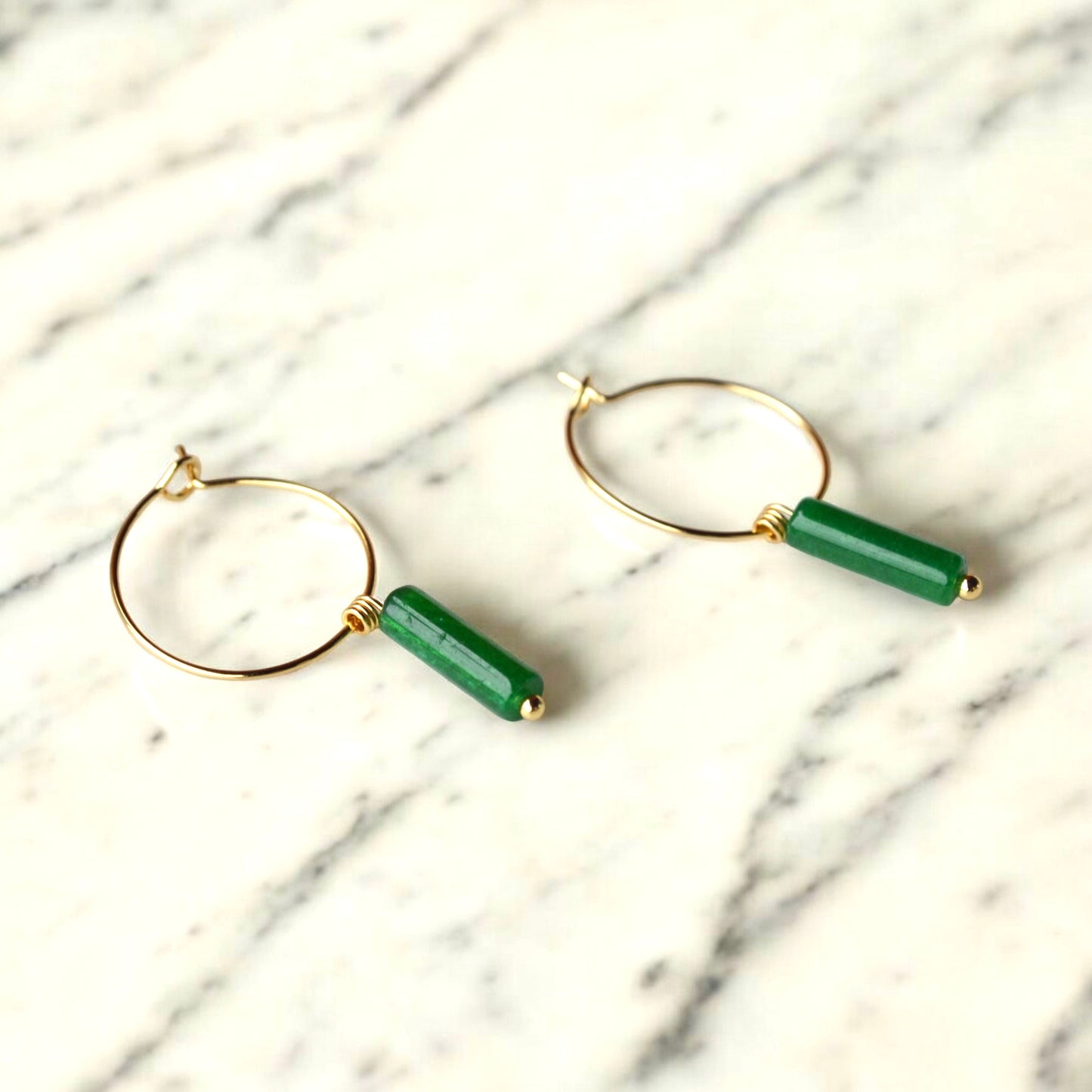 Green Jade Minimalist Column Hoop Earrings