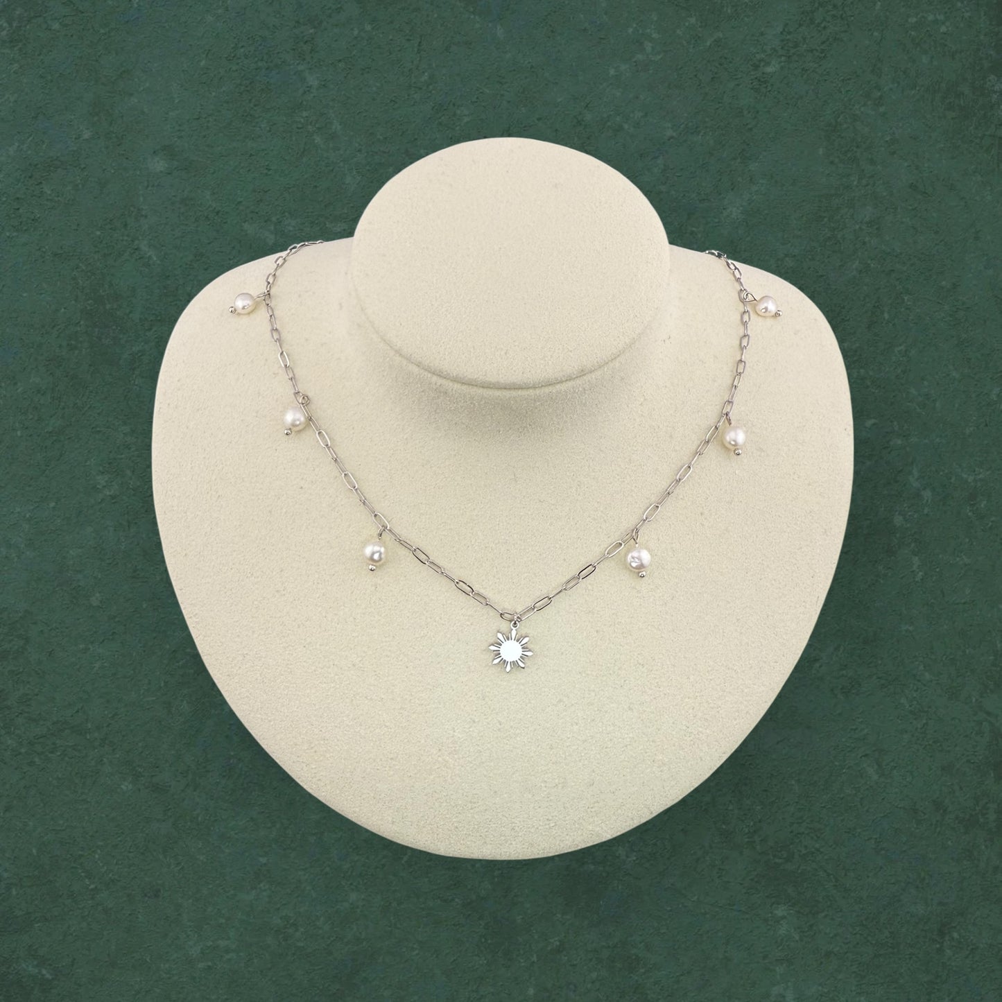 Paperclip Chain Necklace with Dainty Araw and Freshwater Pearl Charms