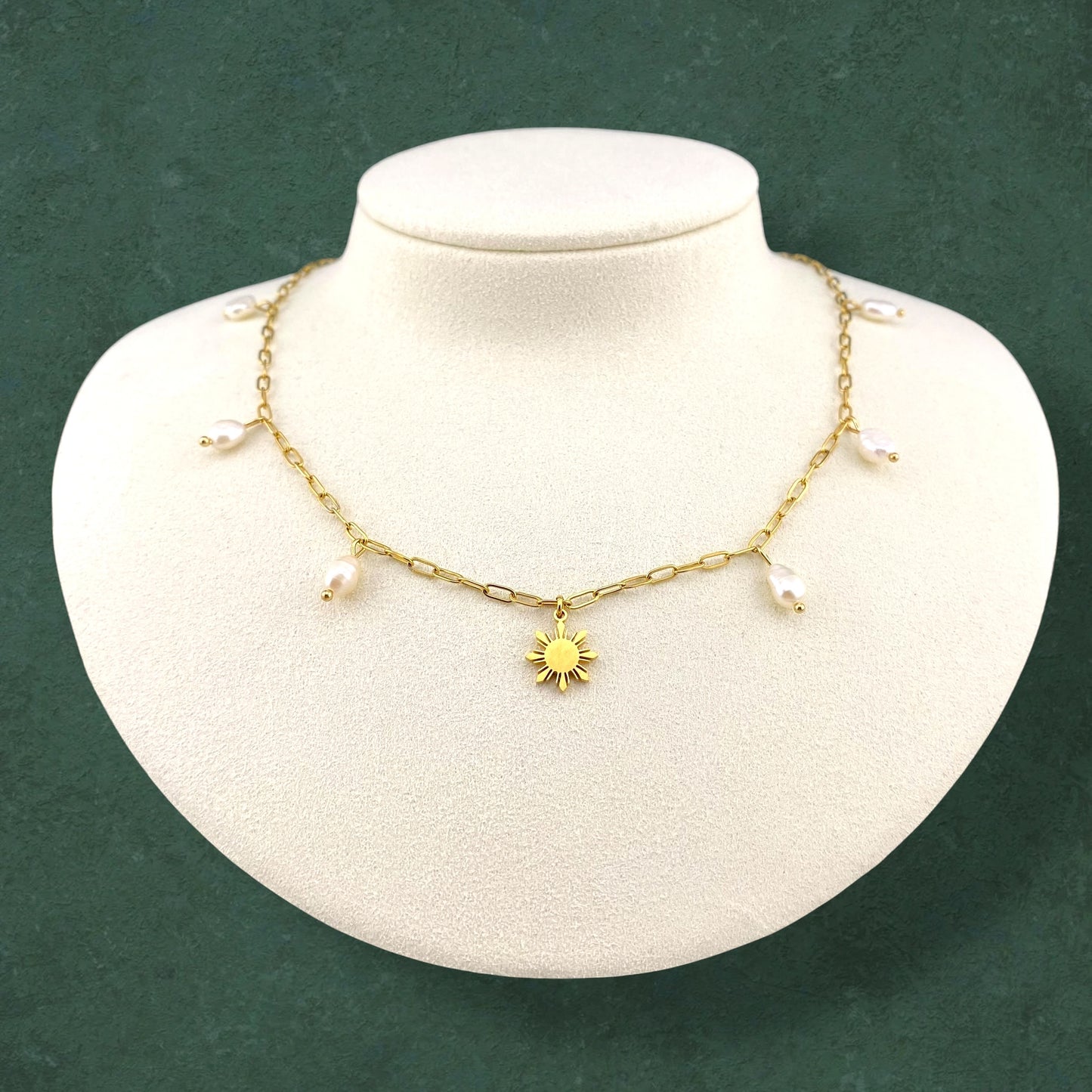 Paperclip Chain Necklace with Dainty Araw and Freshwater Pearl Charms