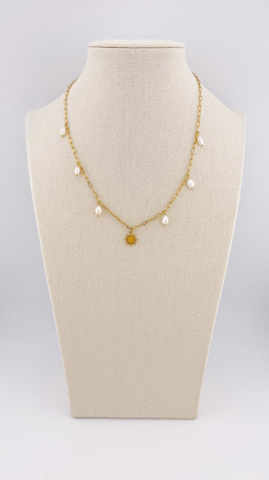 Paperclip Chain Necklace with Dainty Araw and Freshwater Pearl Charms