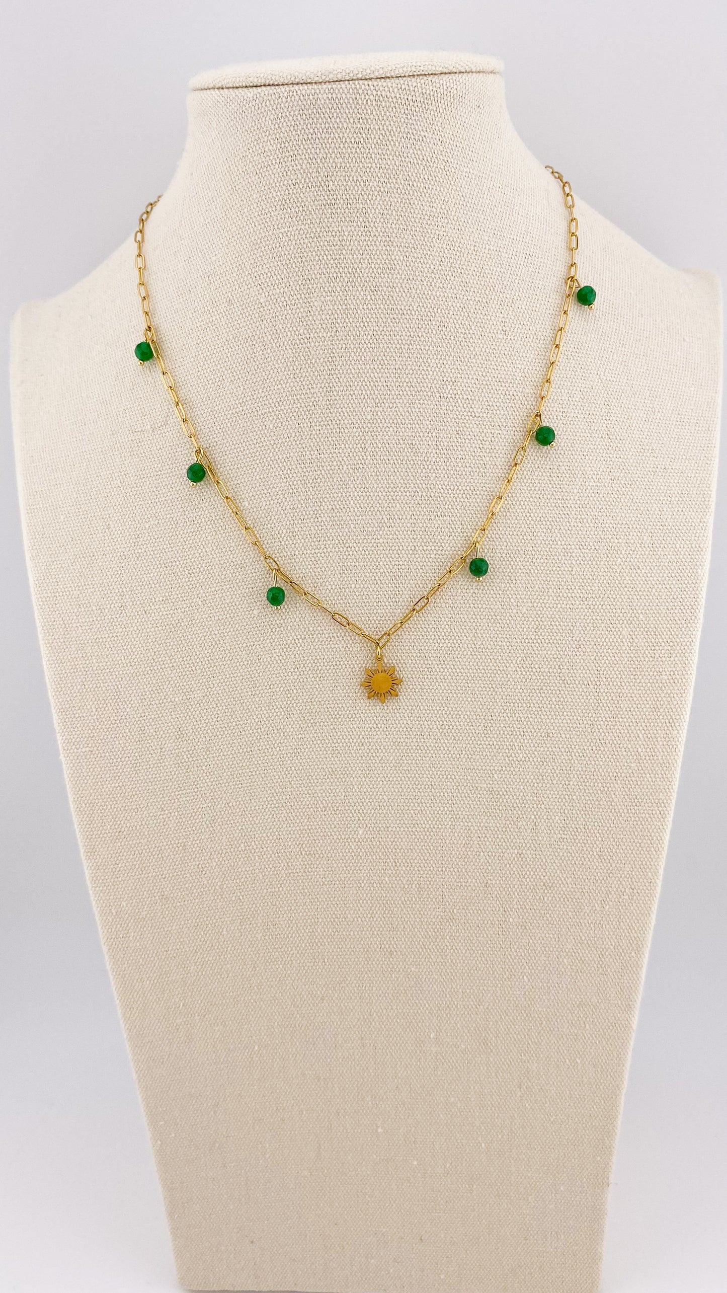Paperclip Chain Necklace with Dainty Araw and Green Jade Charms