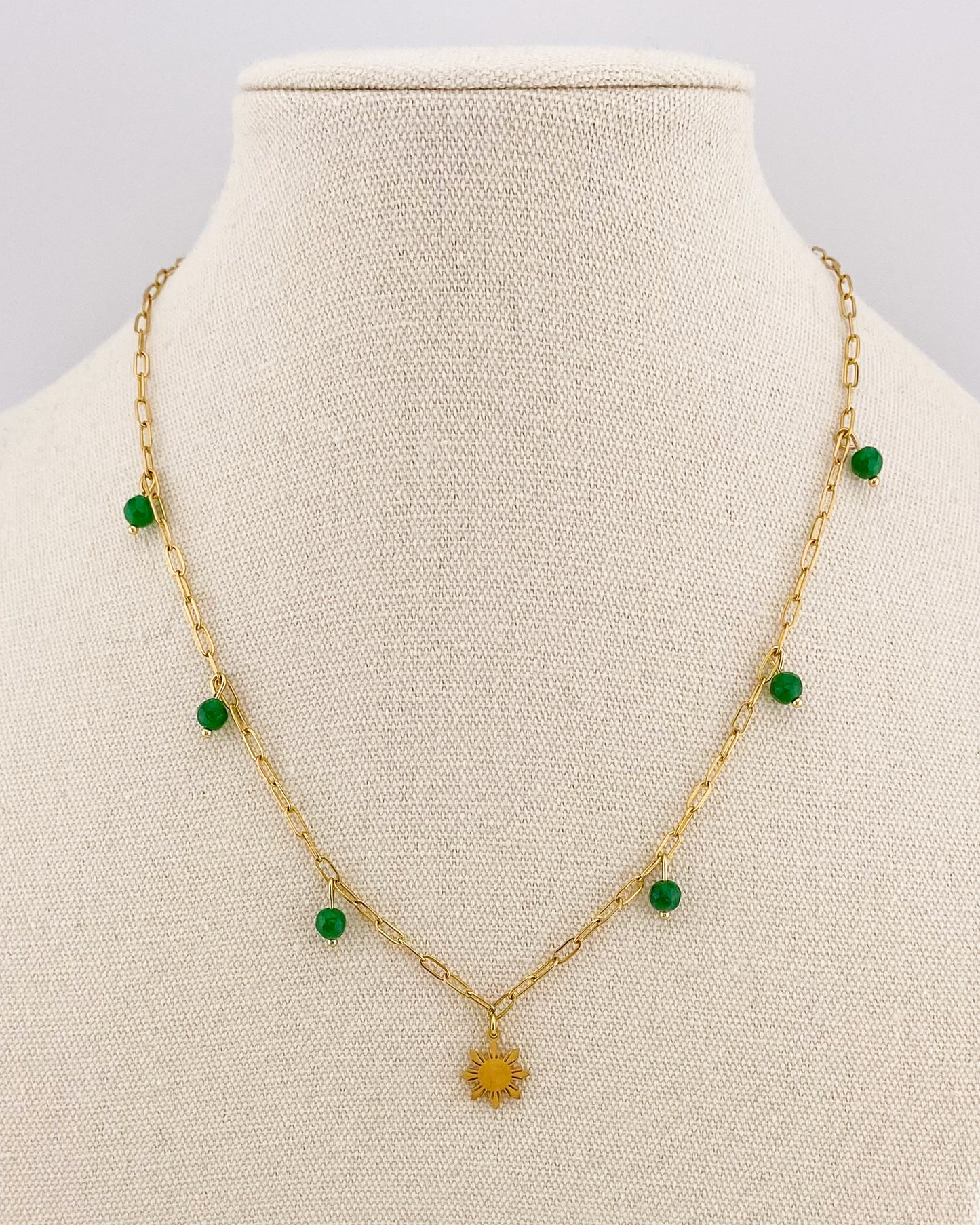 Paperclip Chain Necklace with Dainty Araw and Green Jade Charms