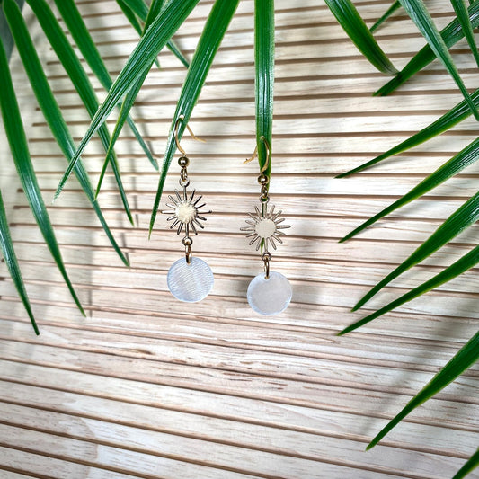 Dainty capiz shell sun drop earrings with gold plated stainless steel hooks, handmade coastal inspired jewelry