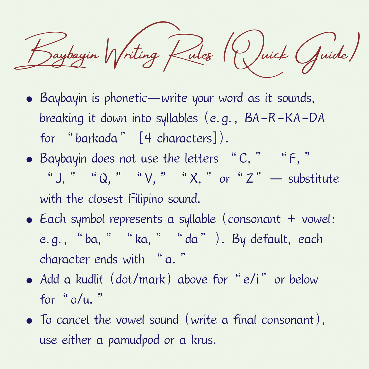 A quick guide infographic for Baybayin writing rules from Aking Sinta Jewellery. The guide explains that Baybayin is phonetic, uses no letters like C or J, and describes the use of symbols for syllables, kudlits for vowel changes, and pamudpods or krus to cancel vowel sounds