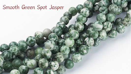 Close-up of Aking Sinta Green Spot Jasper beads, smooth green jasper texture highlighted, showcasing natural stone quality and Philippine-inspired craftsmanship