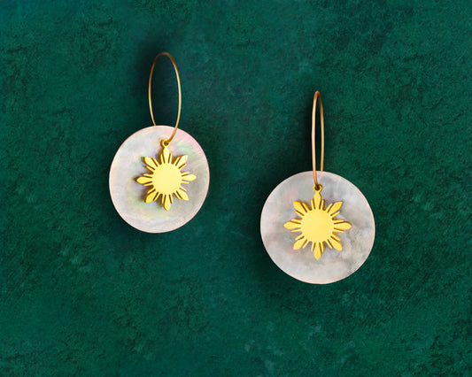 Araw and Capiz Shell hoop earrings in 18K gold plated stainless steel, elegant Filipino-inspired jewellery with natural shell accents