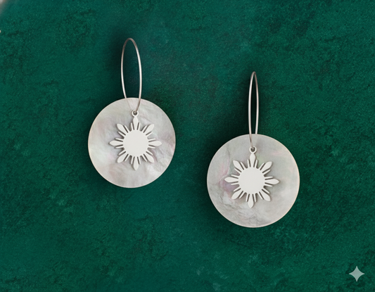 Araw and Capiz Shell hoop earrings in stainless steel with natural shell drops, minimalist Filipino jewellery design