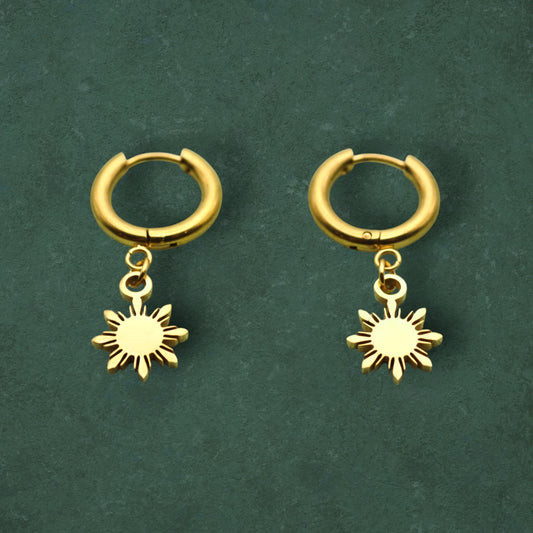 Araw charm huggie earrings with Philippine sun design in 18K gold plated stainless steel, minimalist Filipino jewelry