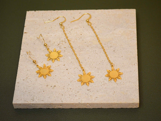 Araw hook earrings with Philippine sun design in 18K gold plated stainless steel, handmade Filipino jewelry