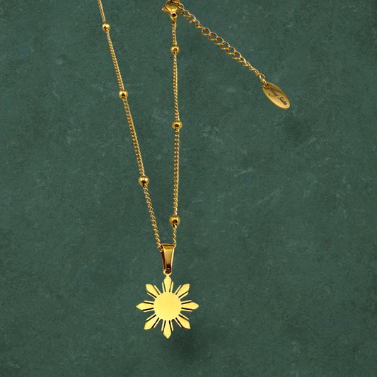 Araw satellite chain necklace in 18K gold plated stainless steel with sun charm pendant, elegant Filipino-inspired jewellery