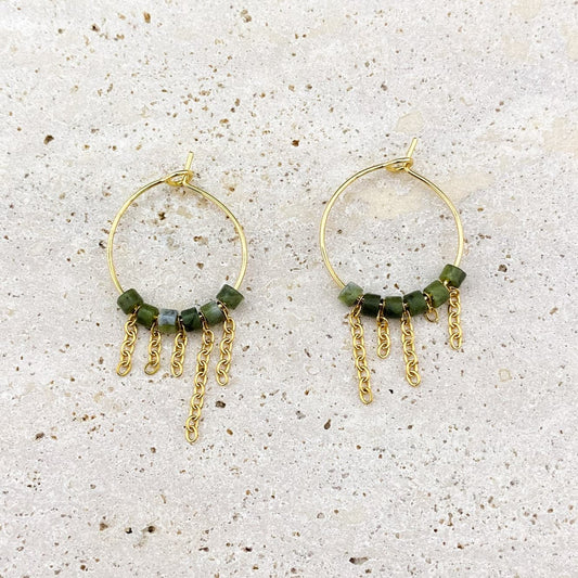 Asymmetrical fringe Canadian jade hoop earrings with natural green gemstone charms and 18K gold plated stainless steel hoops, handmade boho jewelry