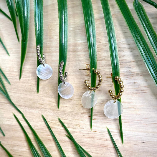 Bubble hoop stud earrings with dainty capiz shell charm in 18K gold plated stainless steel, lightweight handmade Filipino jewelry