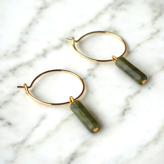 Canadian jade minimalist column hoop earrings with natural gemstone pendants and 18K gold plated stainless steel hoops, handmade jewelry
