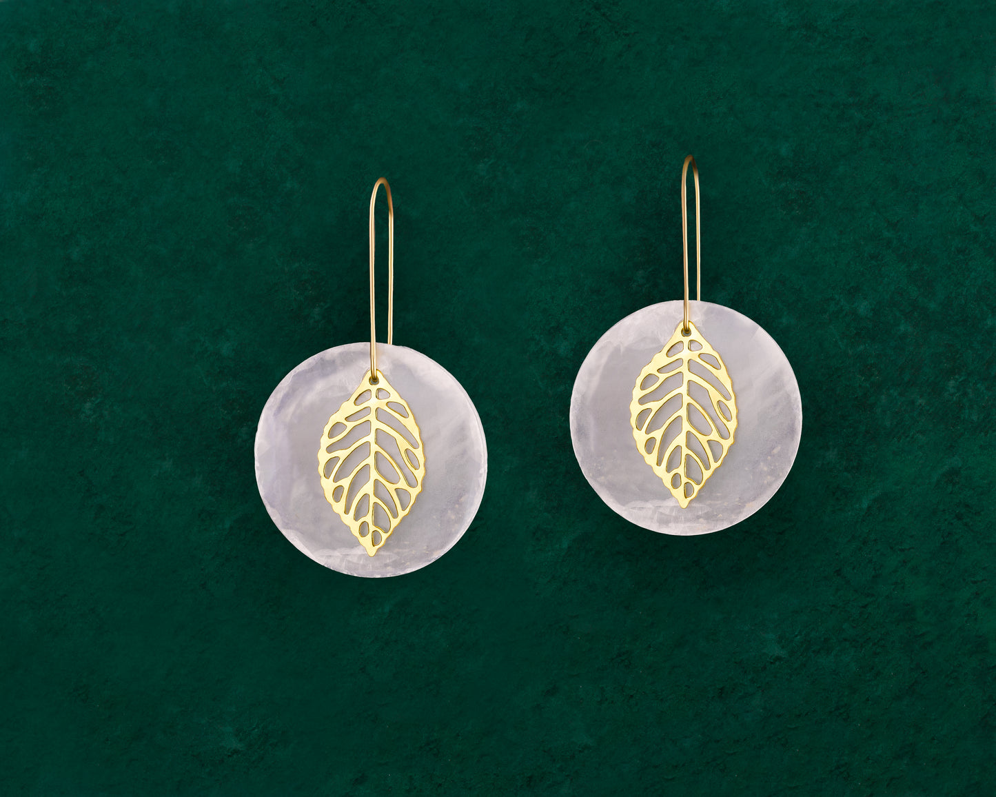 Charmed Capiz Shell hook earrings with leaf charm in 18K gold plated stainless steel, handmade boho Filipino jewellery