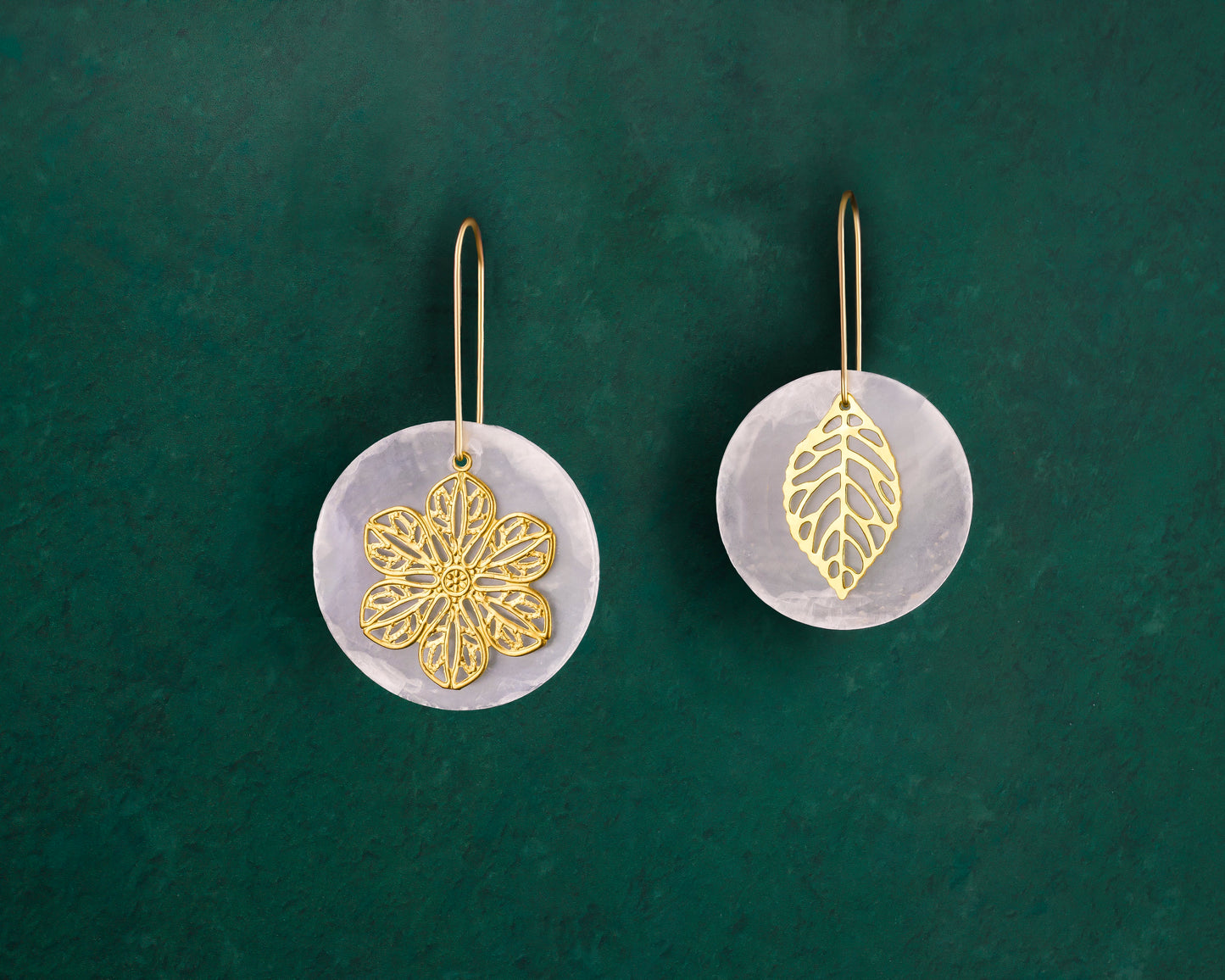 Charmed Capiz Shell hook earrings with Sampaguita flower and leaf charms in 18K gold plated stainless steel, handmade Filipino jewellery