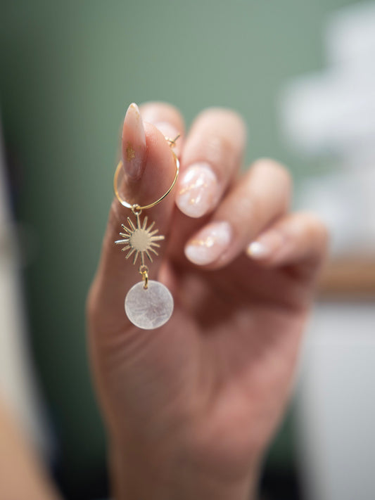 Dainty capiz shell sun drop earrings with gold plated stainless steel hooks, handmade coastal inspired jewelry