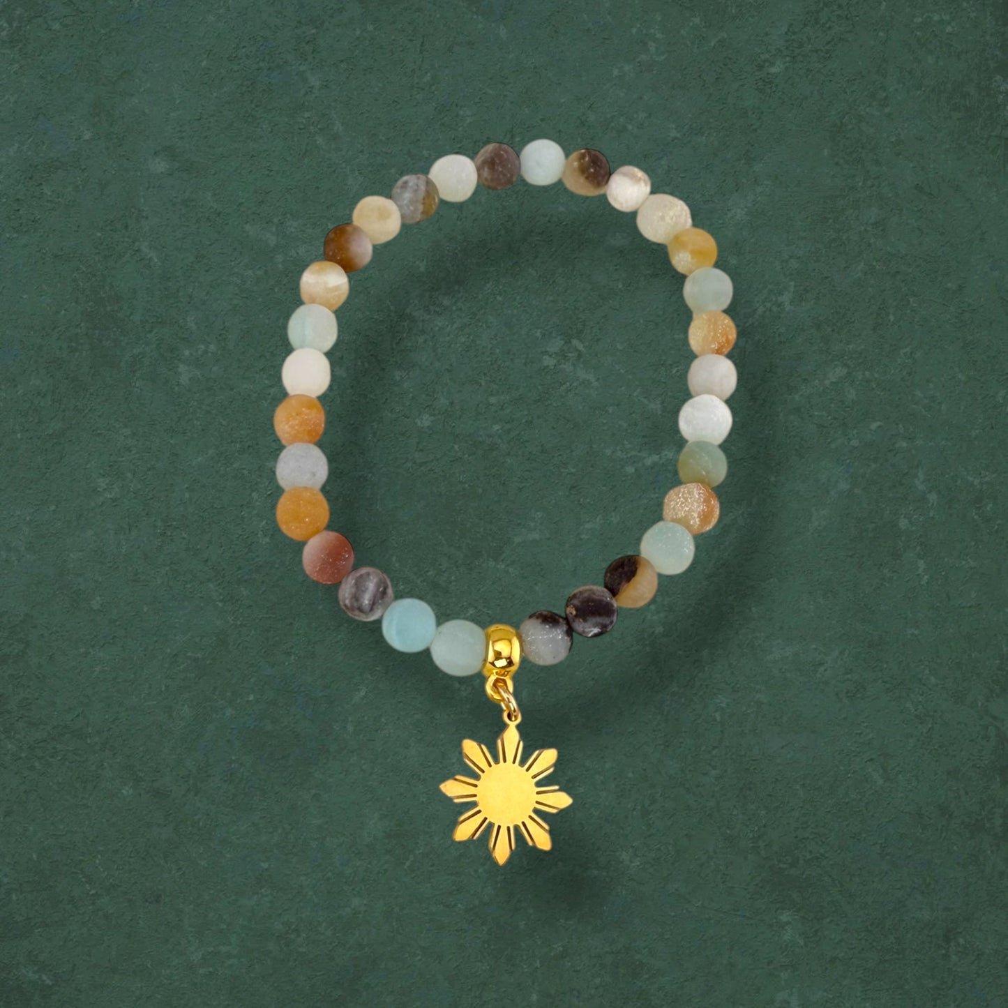 Flower Amazonite stretch bracelet with 18K gold plated flower charm and natural gemstone beads, elegant handmade jewellery