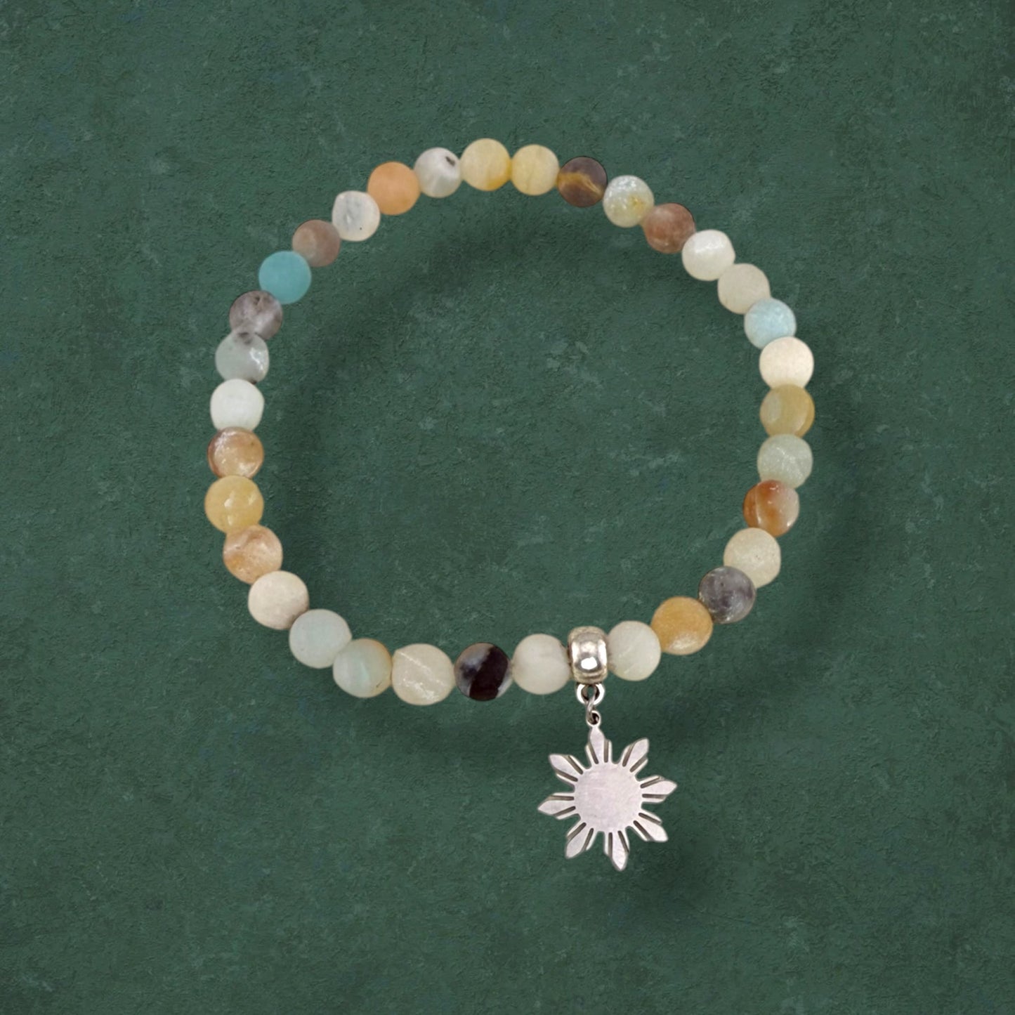 Flower Amazonite stretch bracelet with silver flower charm and natural gemstone beads, handmade boho jewellery