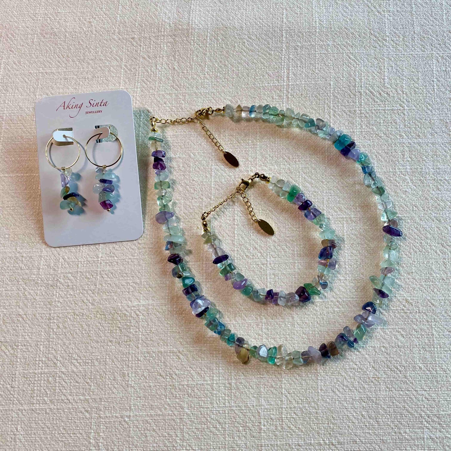 Fluorite nugget jewelry set with natural multicolor gemstones including necklace, bracelet, and earrings in 18K gold plated stainless steel, handmade boho jewelry