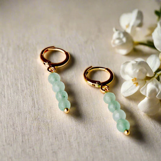 Green aventurine huggie earrings with natural gemstone drops and 18K gold plated stainless steel hoops, handmade boho jewelry