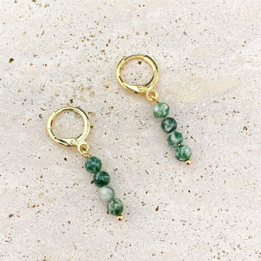 Green spot jasper huggie earrings with natural stone beads and 18K gold plated hoops, handmade Filipino jewelry