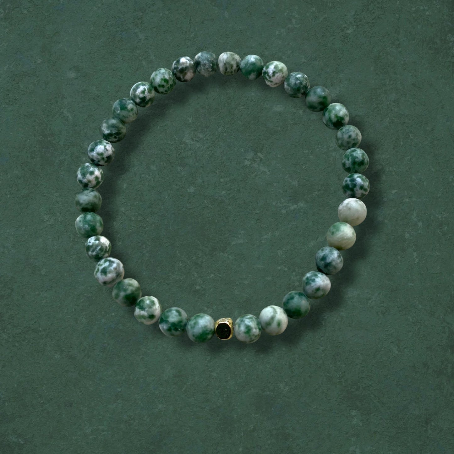 Green Spot Jasper stretch bracelet with natural gemstone beads and stainless steel accents, durable handmade jewellery