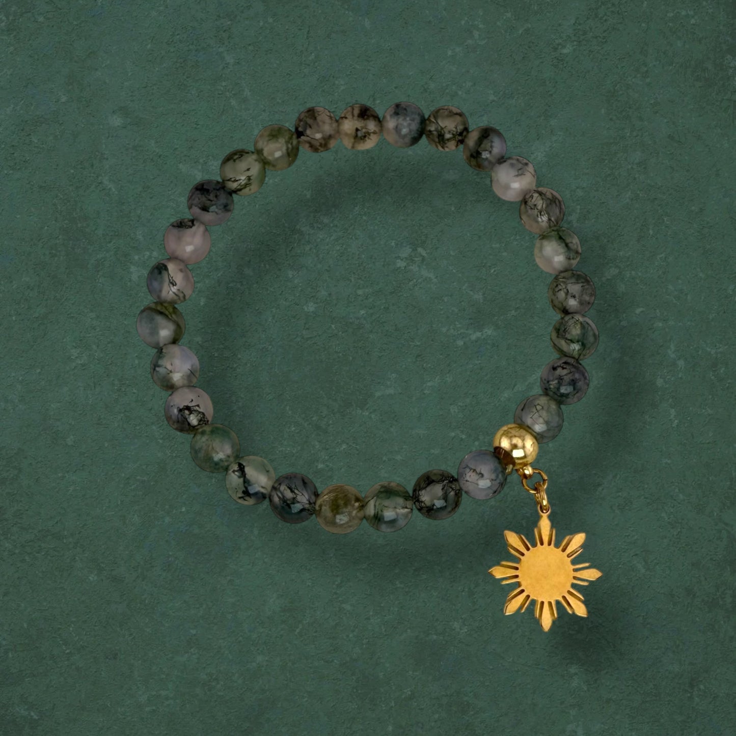 Moss Agate stretch bracelet with Araw sun charm in 18K gold plated stainless steel, handmade Filipino jewellery