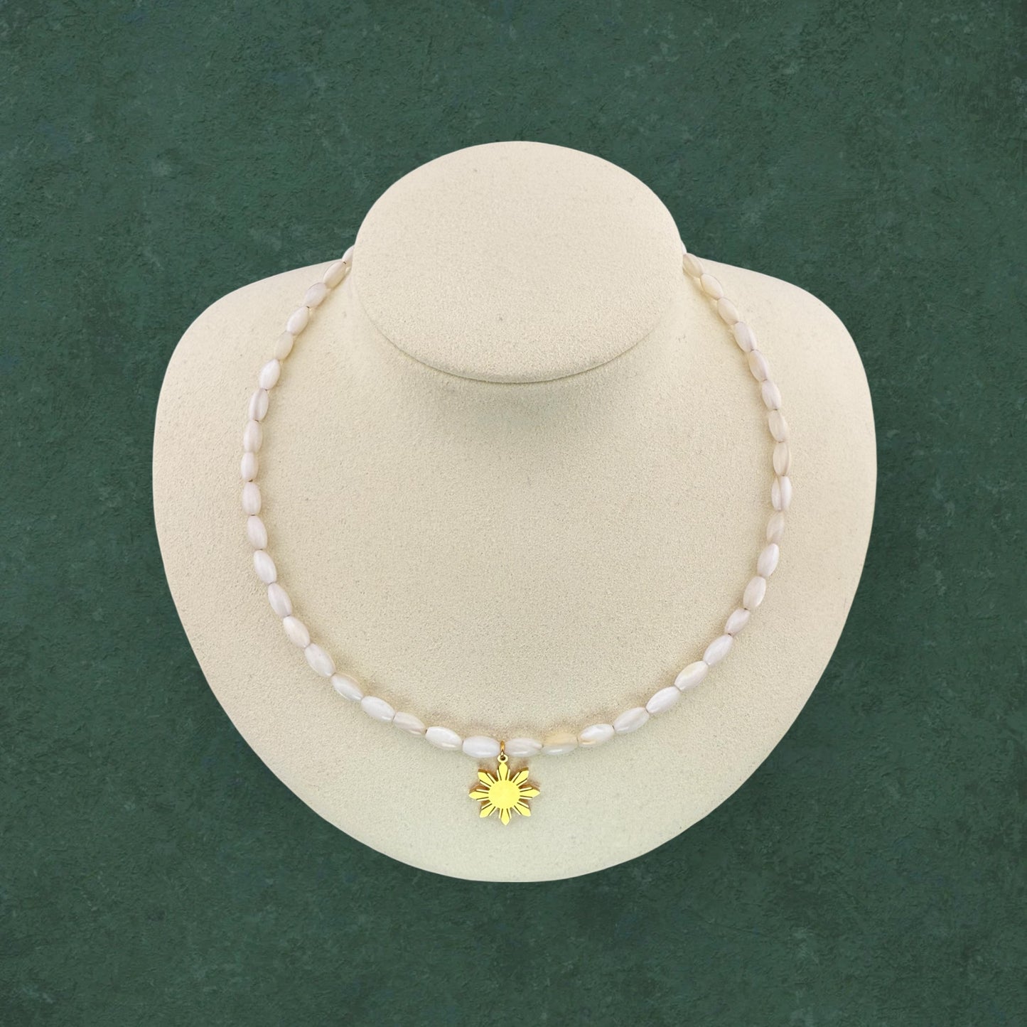 Mother of Pearl rice necklace with Araw sun charm in 18K gold plated stainless steel, Filipino heritage jewellery