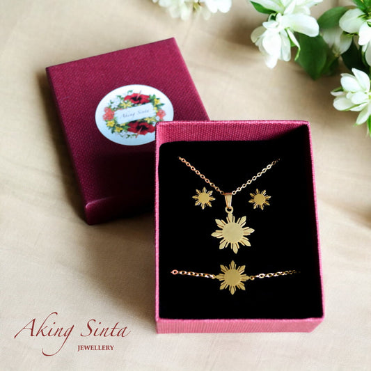 Philippine sun jewelry set with Araw pendant necklace, bracelet, and stud earrings in 18K gold plated stainless steel