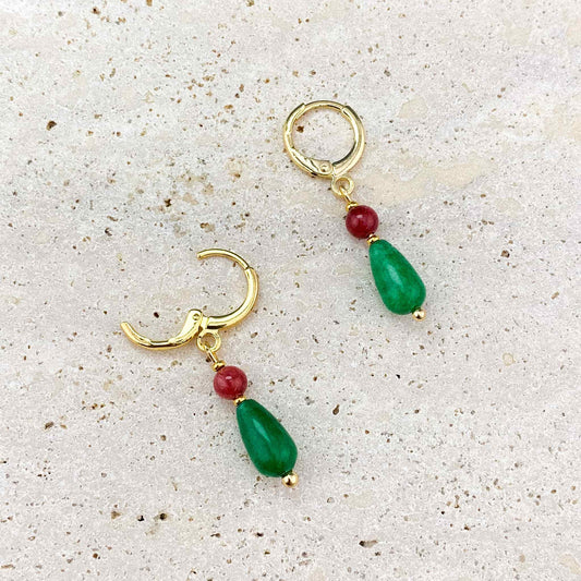 Red Jade Accented Teardrop Green Jade Huggies