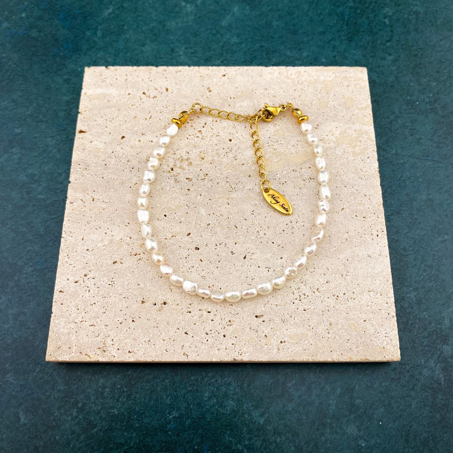 Rice pearl bracelet with natural freshwater pearls and 18K gold plated stainless steel accents, dainty handmade jewelry