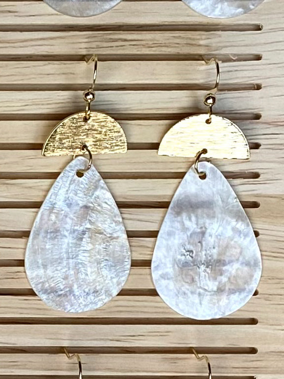 Teardrop Capiz Shell Earrings with half circle accent, minimalist gold and shell combination earrings