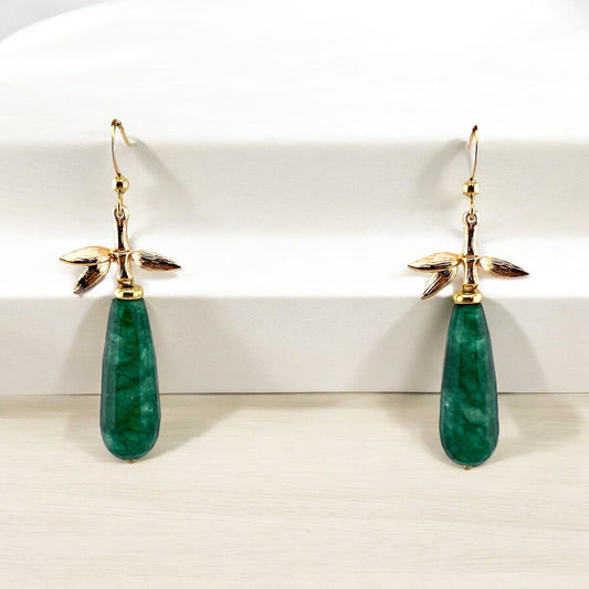 Teardrop dark green jade earrings with bamboo leaf charms in gold plated stainless steel, elegant natural gemstone jewellery