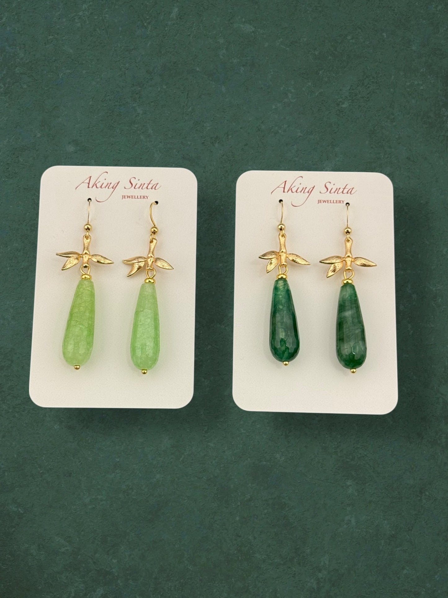 Teardrop jade earrings with bamboo leaf charms in dark green and light green variants, gold plated stainless steel natural gemstone jewellery