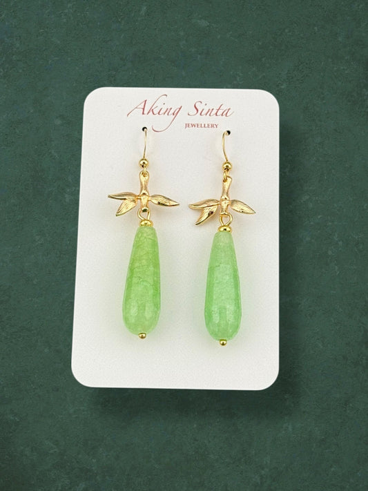 Teardrop light green jade earrings with bamboo leaf charms in gold plated stainless steel, minimalist gemstone jewellery