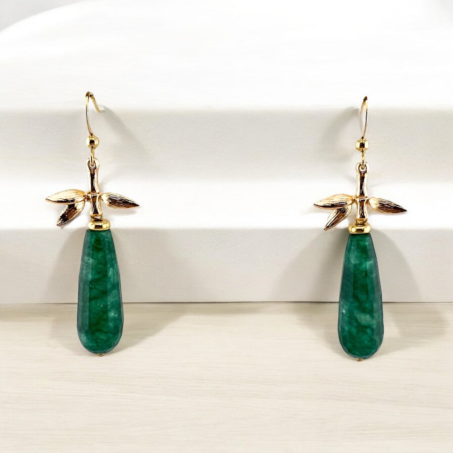 Teardrop Jade Earrings with Bamboo Leaf Charms