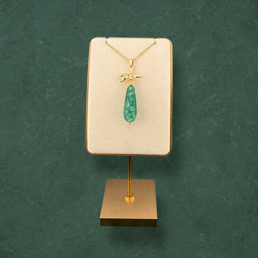 Teardrop dark green jade necklace with bamboo leaves charm in gold plated stainless steel, elegant natural gemstone jewellery
