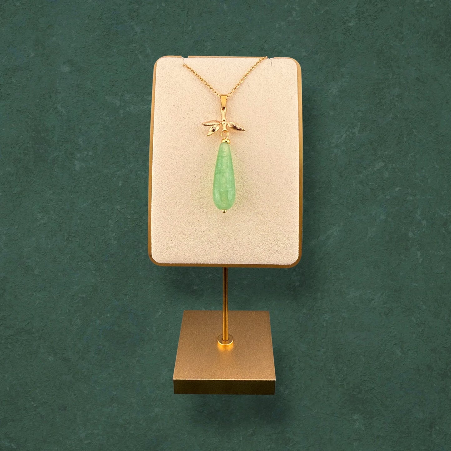 Teardrop light green jade necklace with bamboo leaves charm in gold plated stainless steel, minimalist natural gemstone jewellery