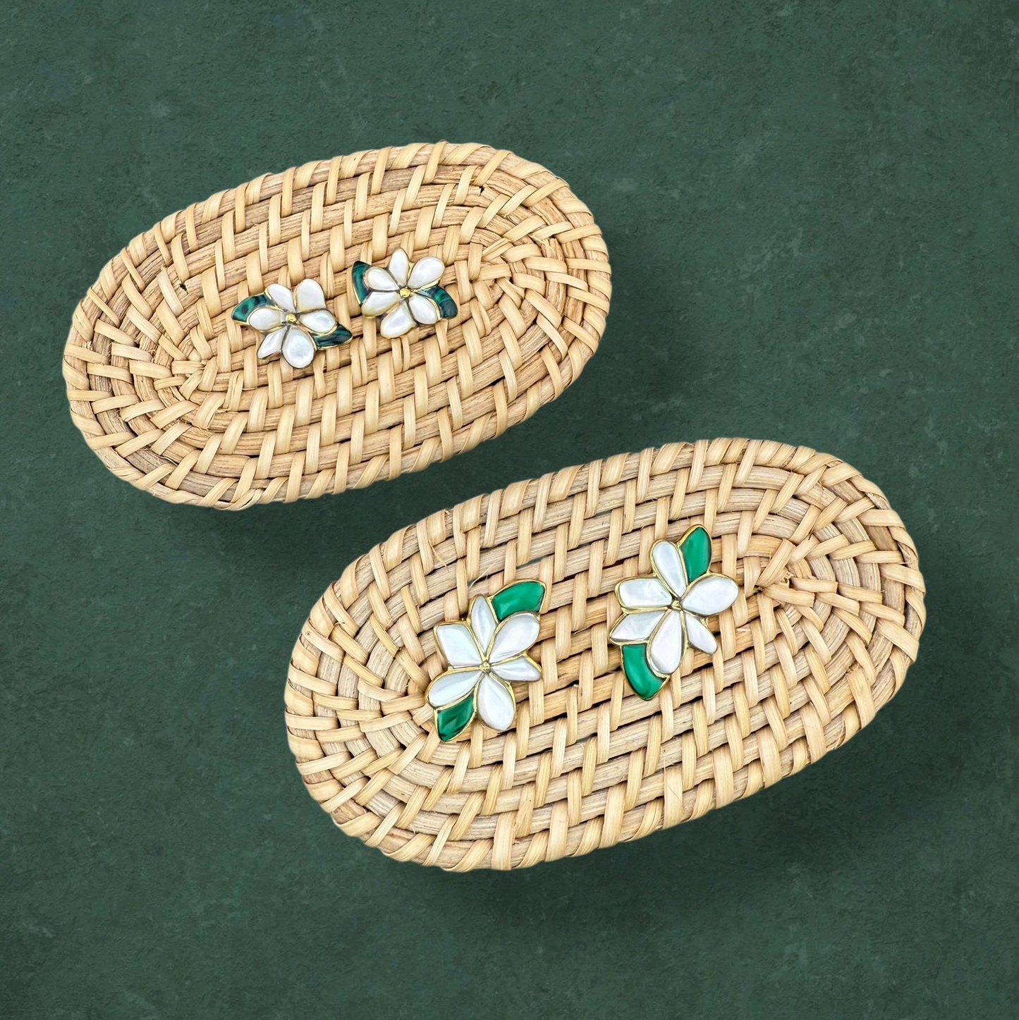 Sampaguita Mother of Pearl and Malachite Studs