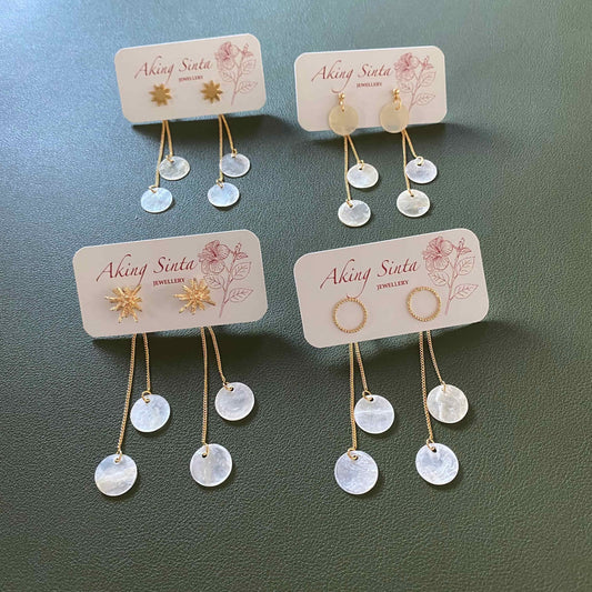 2-in-1 stud earrings with double drop dainty capiz shell backs in 18K gold plated stainless steel, versatile Filipino jewelry