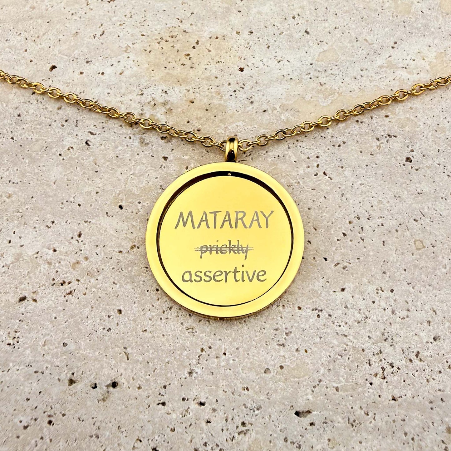 Reclaimed Tagalog Words in Baybayin on Spinning Coin Fidget Necklace