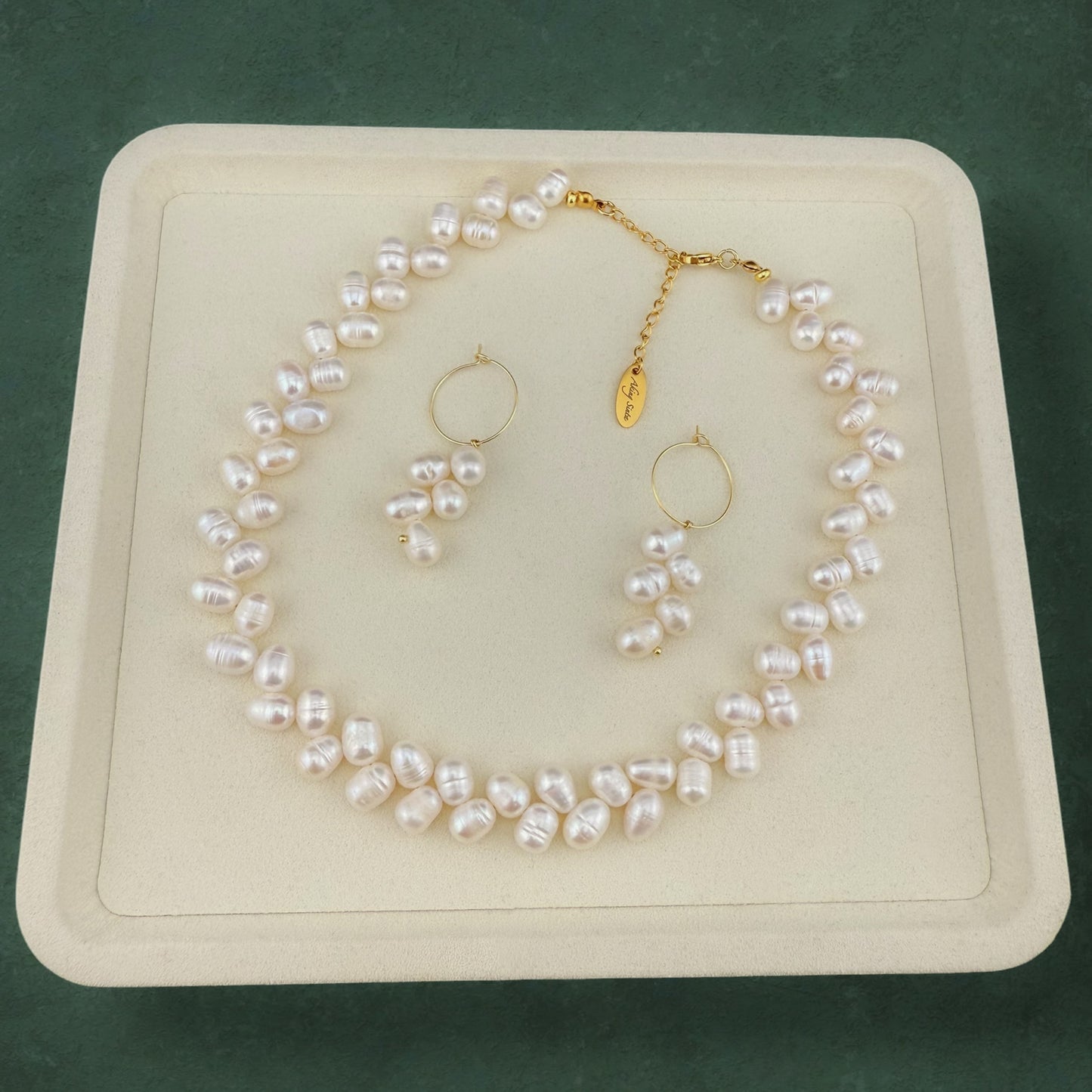 Wheat Pearl Necklace and Hoop Earring Set