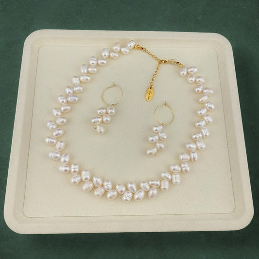 Wheat Pearl Necklace and Hoop Earring Set