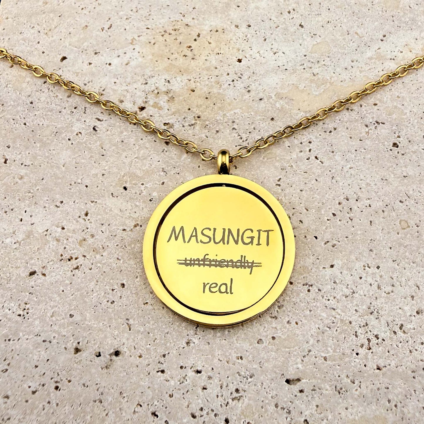 Reclaimed Tagalog Words in Baybayin on Spinning Coin Fidget Necklace