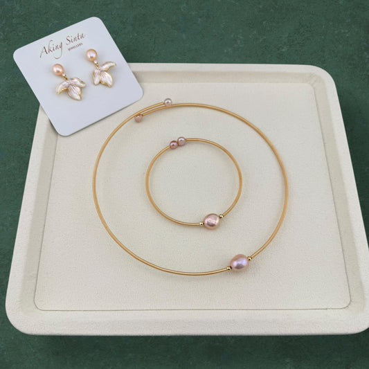 Peach Pearl Open Choker, Bangle and Earrings Gift Set
